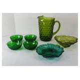FOSTORIAL GREEN PITCHER & ASSTD GREEN GLASSWARE