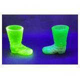 (2) BOOT URANIUM GLASS TOOTHPICK HOLDERS