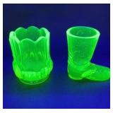 (2) URANIUM GLASS TOOTHPICK HOLDERS: BOOT & OTHER