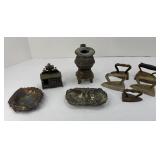 (5) CAST IRONS, CAST METAL STOVE & TRAYS