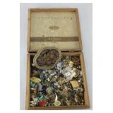 CIGAR BOX OF JEWELRY EARRINGS AND MORE