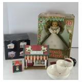 VINTAGE ANGEL TOPPER, SNOWMAN DISH & MUSIC BOX