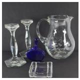 CANDLESTICKS, ETCHED PITCHER & PERFUME BOTTLE
