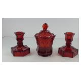 COIN GLASS CANDLESTICK HOLDERS & SUGAR BOWL
