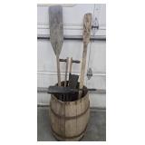 BARREL W/ PADDLES, SEEDER, & METAL SCOOP