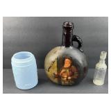 BLUE DRESSER JAR & (2) VINTAGE BOTTLES