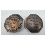 (2) METAL CALIFORNIA VEHICLE BADGES