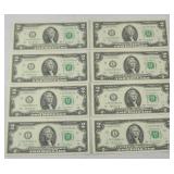 (8) $2 BILLS CONSECUTIVE SERIAL NUMBER