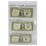 (3) 1935 $1 DOLLAR BLUE SEAL SILVER CERTIFICATES