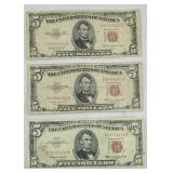 (2) 1953 (1) 1963 RED SEAL $5 BILLS