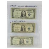 (3) 1935F $1 SILVER CERTIFICATE BLUE SEAL