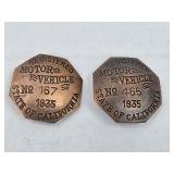 (2) METAL CALIFORNIA VEHICLE BADGES