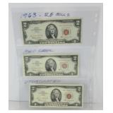(3) 1963 RED SEAL $2 BILLS - UNCIRCULATED
