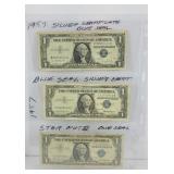 (3) 1957 $1 DOLLAR BLUE SEAL SILVER CERTIFICATES