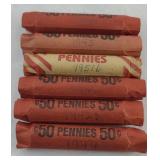 (6) ROLLS WHEAT PENNIES - 1940S 1950S
