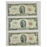 (3) 1953 RED SEAL $2 BILLS