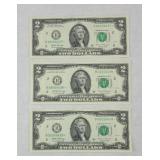 (3) 2 DOLLAR BILLS UNCIRCULATED CONSECUTIVE