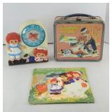VINTAGE RAGGEDY ANN & ANDY LUNCHBOX, CLOCK & BOOK
