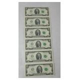 (6) 2 DOLLAR BILLS UNCIRCULATED CONSECUTIVE