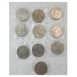 (10) UNCIRCULATED EISENHOWER DOLLARS, MIXED DATES