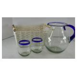 HAND BLOWN BLUE RIM WATER PITCHER & GLASSES