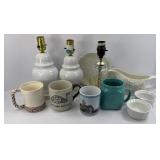 TABLE LAMPS, GRAVY BOAT & MUGS