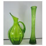 MID CENTURY GREEN GLASS VASE AND PITCHER