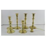 (6) BRASS CANDLESTICKS & SNUFFER