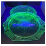 URANIUM GLASS CAKE & DIVIDED PLATE
