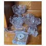 CRYSTAL CLOCK & VINTAGE ANTIQUE GLASSWARE