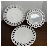 (3) LACE MILK GLASS PLATES & (2) HOLDERS