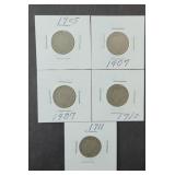 (5) V NICKELS, MIXED DATES