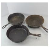 (3) CAST IRON SKILLETS (2) 8 INCH (1) 9 INCH