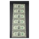 (6) 2 DOLLAR CONSECUTIVE SERIAL UNCIRCULATED
