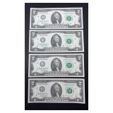 (4) UNCIRCULATED $2 BILLS CONSECUTIVE SERIAL NUM