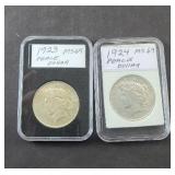 (2) PEACE SILVER DOLLARS, 1923 MS69, 1924 MS69