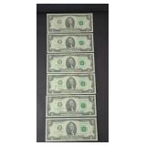 (6) 2 DOLLAR CONSECUTIVE SERIAL UNCIRCULATED