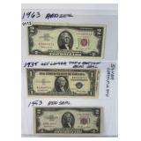 (2) RED SEAL 2 DOLLAR BILL, (1) BLUE SEAL 1 DOLLAR