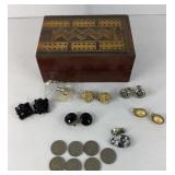 (7) BUFFALO NICKELS, CLIP ON EARRINGS & PINS