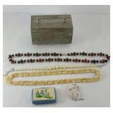 METAL JEWELRY BOX W/ BEADED NECKLACES & MORE
