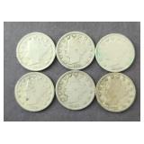 (6) V NICKELS, CLEAR DATES