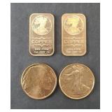 (4) 1 OUNCE COPPER: (2) COINS & (2) ART BARS