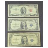 (2) 1935 SILVER CERTIFICATES, (1) RED SEAL $2