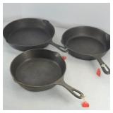 (3) CAST IRON SKILLETS NO 6, 7, AND 8