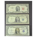 (2) $1 SILVER CERTIFICATES, (1) $2 RED SEAL