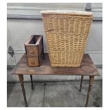 FOLDING WOOD TABLE, SEWING DRAWER, HAMPER