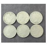 (6) V NICKELS, CLEAR DATES