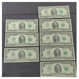 (8) $2 DOLLAR BILLS, CONSECUTIVE, UNCIRCULATED