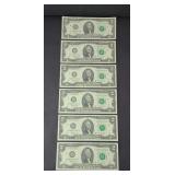 (6) 2 DOLLAR CONSECUTIVE SERIAL UNCIRCULATED