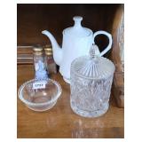 CRYSTAL CANDY DISH, CHINA TEAPOT & MORE